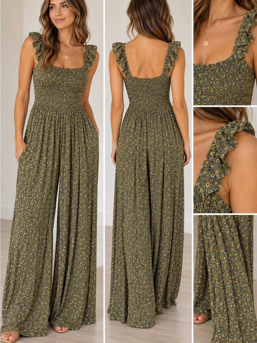 Forever 21 Olive Floral Smocked Wide-Leg Jumpsuit